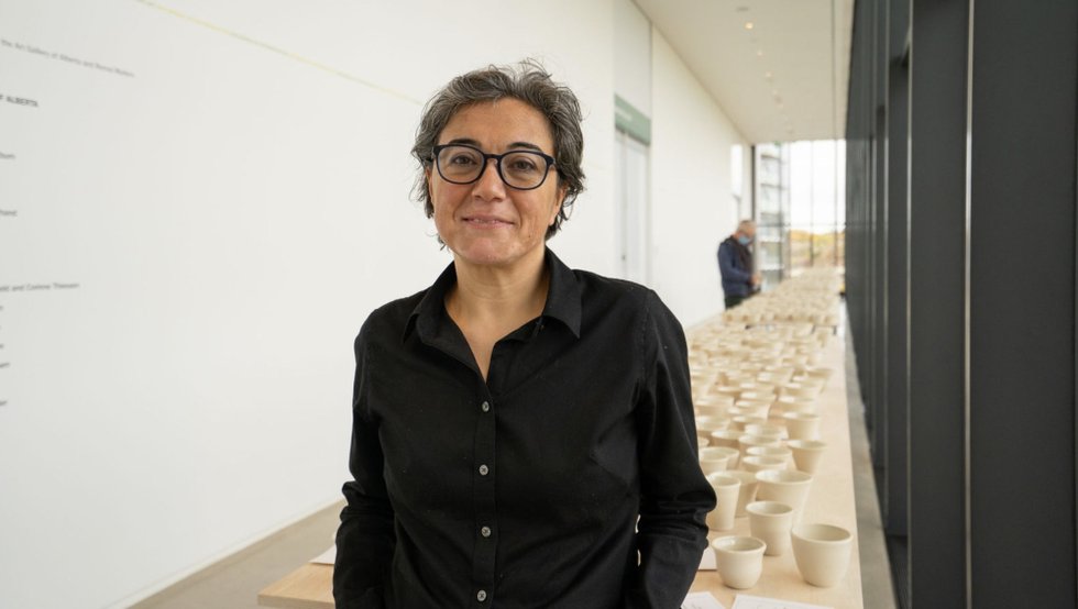 Nurgul Rodriquez with her work "Out of Place," Remai Modern, December 2020