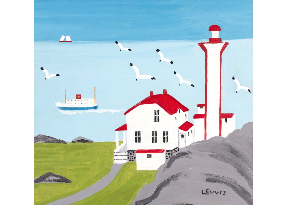 Maud Lewis, “Lighthouse and Ferry at Cape Forchu, Yarmouth County,” 1960s