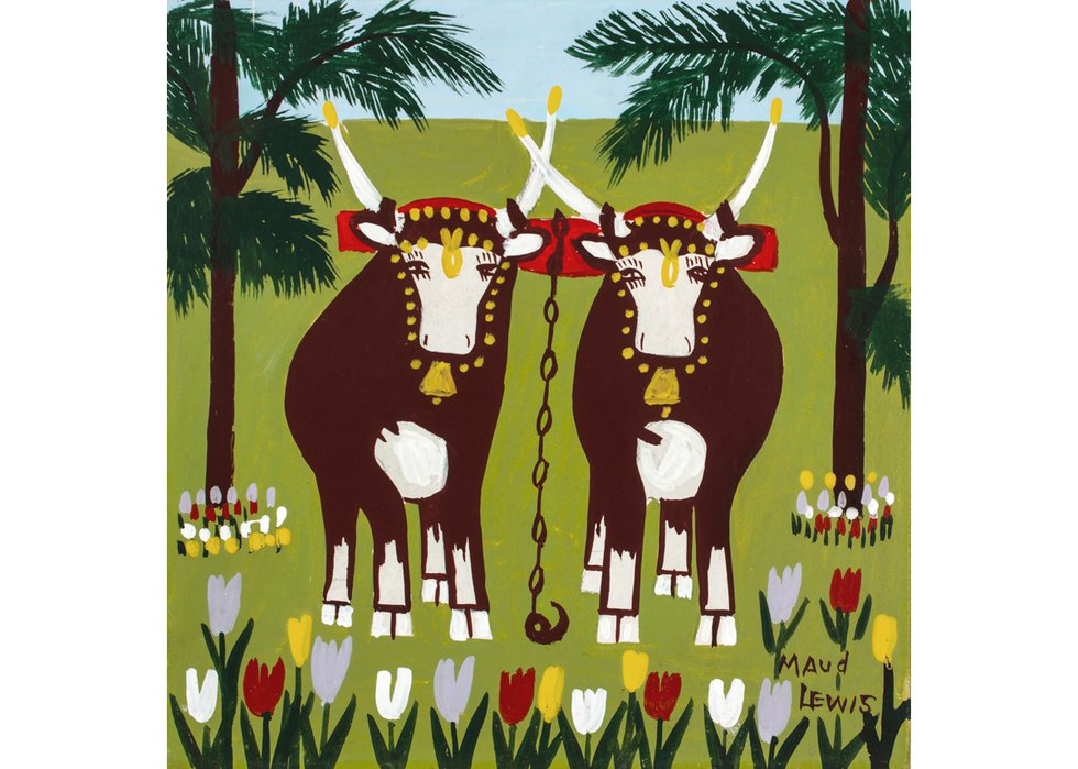 Maud Lewis, “Two Oxen in Spring,” 1960s