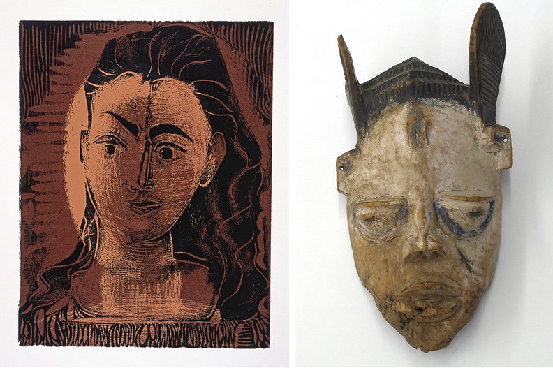 Left: Pablo Picasso, "Portrait de Jacqueline en robe Imprimée," 1962,