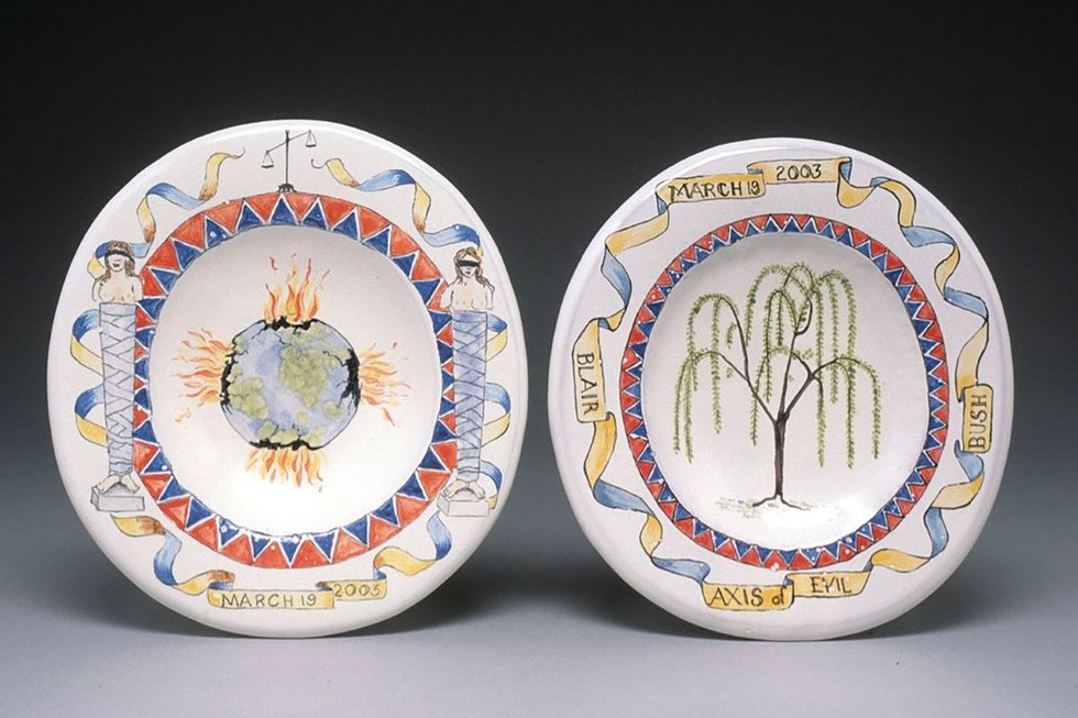 Walter Ostrom, “The Lady Macbeth Commemorative Soap Dish Series I, Axis of Evil (Exploding World and Caryatids) and (Weeping Willow),” 2003