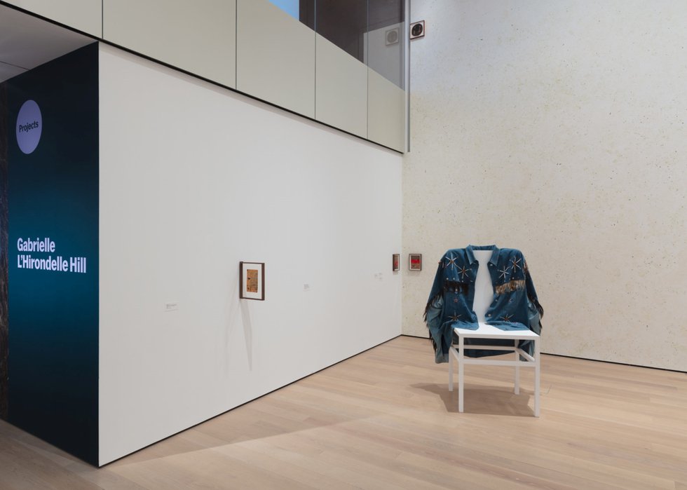 Installation view of the exhibition “Projects: Gabrielle L'Hirondelle Hill,” showing "Desperate Living, for E.S.," 2018, in the foreground, at the Museum of Modern Art in New York from April 24, 2021 to Aug. 15, 2021 (photo by Denis Doorly)