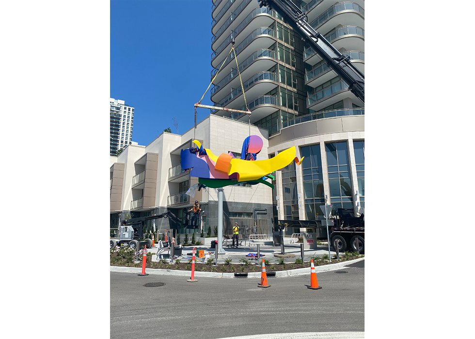Damian Moppett's “Landscape Abstracted” being installed at the northeast corner of Douglas and Goring Streets in Burnaby, B.C., 2021, steel, galvanized steel, aluminum and paint, 21.5′ x 26′ x 9′ (courtesy the artist)