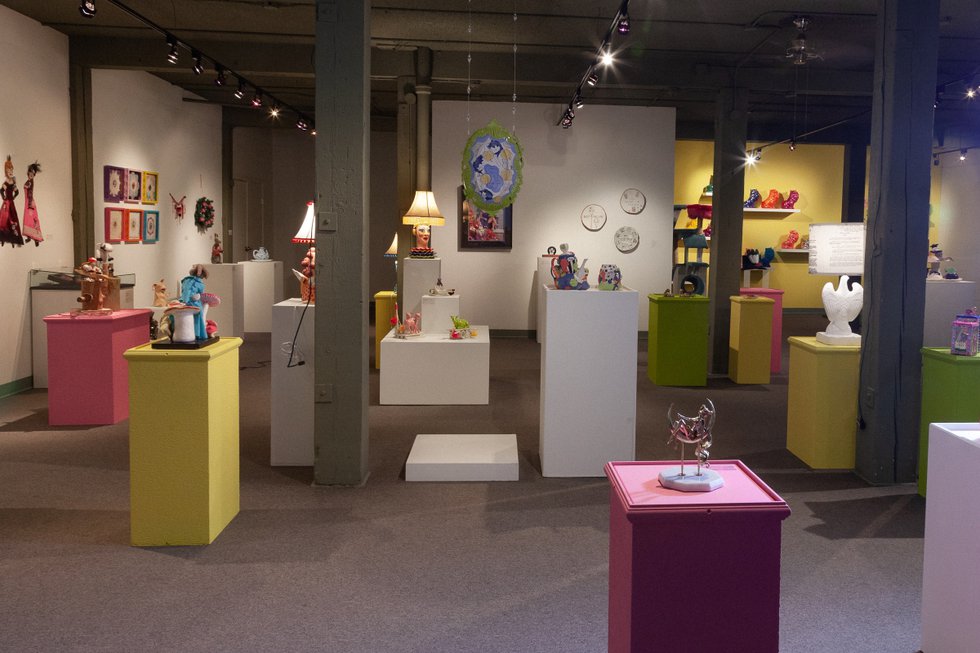 Installation view of “Kitsch! Craft So Bad That It’s Good,” at the Alberta Craft Council in Edmonton, 2021 (courtesy of council; photo by Pause Photography)