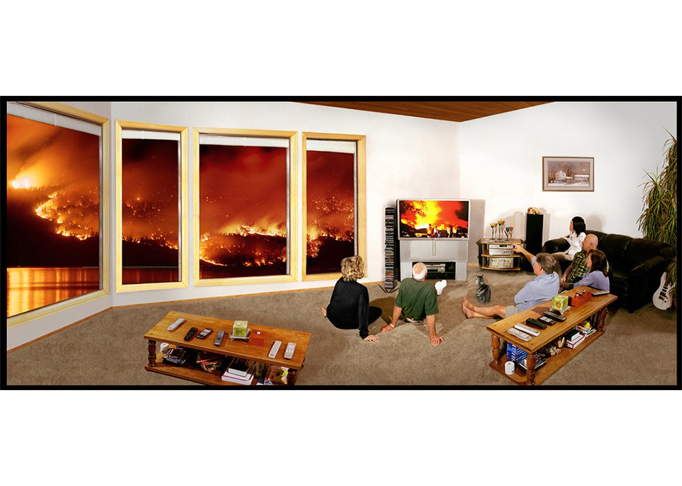 Fern Helfand’s lightbox “Interface: Disaster as Spectacle,” based on the Okanagan Mountain Park Fire in 2003
