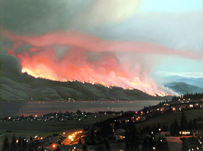 Joice Hall used photos she took from her deck for the oil on canvas painting “Impending Firestorm,” which shows the 2003 Okanagan Mountain Park Fire on the east side of Okanagan Lake. (courtesy the artist, photo by John Hall)