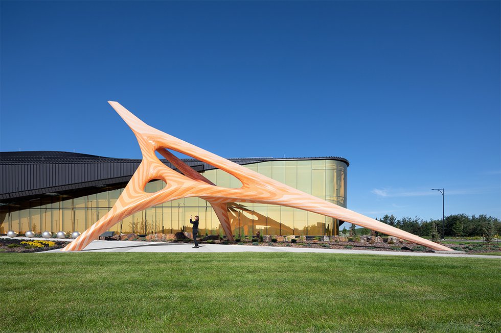 CODAaward winning public sculpture “Agent Crystalline,” 2019, by Marc Fornes/ THEVERYMANY, located next to the northwest police campus building in Edmonton. (courtesy CODAawards)
