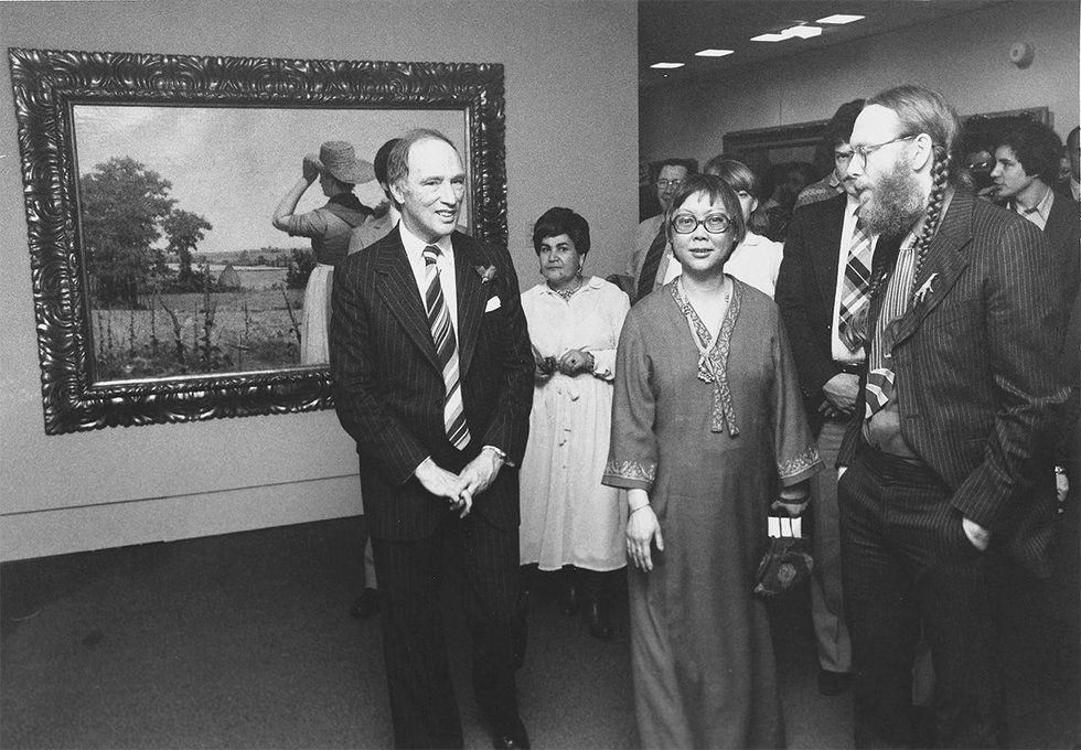Prime Minister Pierre Elliott Trudeau, Hsio-yen Shih, and Charlie Hill at the opening of “To Found a National Gallery: The Royal Canadian Academy of Arts, 1880–1913,” at the National Gallery of Canada
