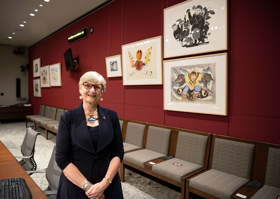Senator Patricia Bovey, chair of the Senate’s Artwork and Heritage Advisory Working Group, at the inaugural Museums at the Senate installation. (courtesy the Senate of Canada)