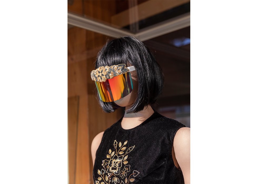 Robyn McLeod, “Beaded Visor,” from the “Dene Futurism Fashion Collection,” 2020 (photo by Bill Braden)