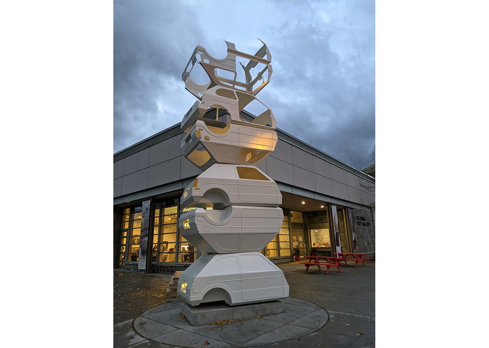 Jed Lind's sculpture “Gold, Silver &amp; Lead,” installed at the corner of Water Street and Cawston Avenue in downtown Kelowna, B.C. (courtesy the gallery)