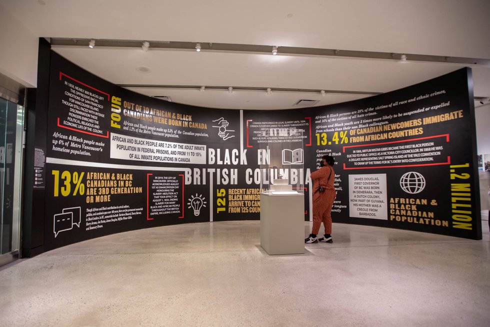 Nya Lewis, “To Be Black in British Columbia,” installation view in “Sankofa: African Routes, Canadian Roots,” 2021, Museum of Anthropology, Vancouver. (courtesy the Museum of Anthropology at UBC; photo by Sarah Race)