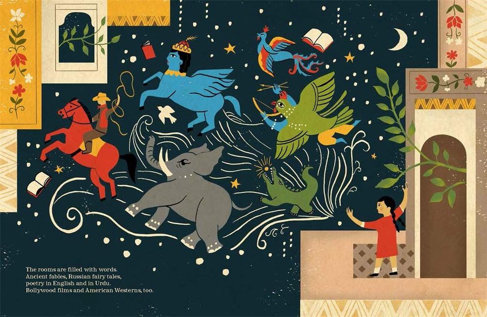 Pages from “Roots and Wings: How Shahzia Sikander Became an Artist,” co-written by Shahzia Sikander and Amy Novesky; illustrated by Hanna Barczyk (MOMA)