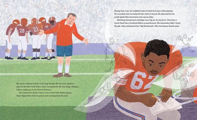 Pages from “Pigskins to Paintbrushes: The Story of Football-playing Artist Ernie Barnes,” written and Illustrated by Don Tate (Abrams)