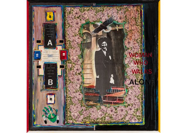 Lita Fontaine, "Mom Too," 1999–2000, found objects, archival photographs, acrylic paint, montage, 50" x 50"