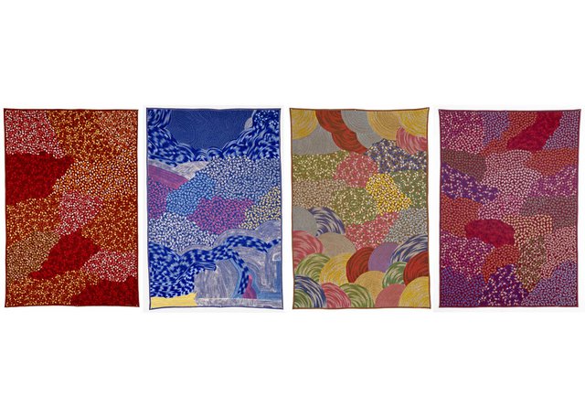 Ruth Qaulluaryuk, "Four Seasons of the Tundra: Fall, Winter, Spring, Summer," 1991–1992, embroidery floss on wool stroud