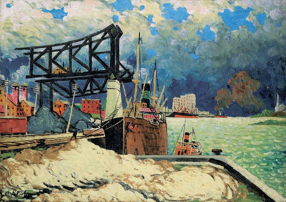Marc-Aurèle Fortin, “The Sandpile, Harbour Scene, Montreal (Le Pont Jacques Cartier en construction),” circa 1927