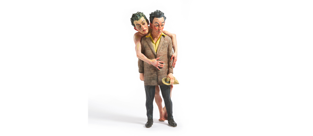 Joe Fafard, “Painter and His Model (Egon Schiele),” from the “Mes Amis” series, 2015, chemical patina on bronze, 28″ x 10″ x 10″ (sold at Waddington’s for $26,400)