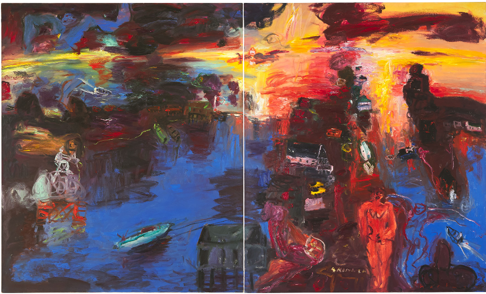 John Hartman, “Manitou Dock,” 1993, diptych, oil on linen, 72″ x 120″ (sold at Waddington’s for $40,800)