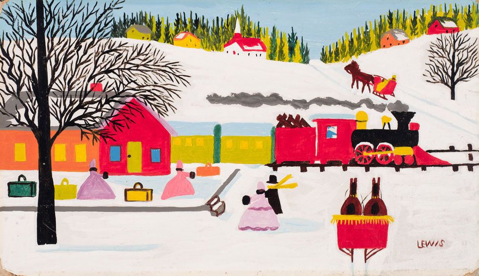 Maud Lewis, “Train Station in Winter,” mixed media on board