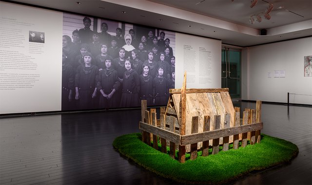 Installation view of “George Littlechild: Here I am – can you see me?,” Art Gallery of Alberta