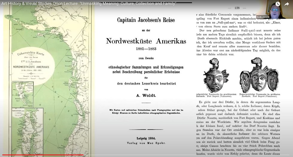 German curator Monika Zessnik discusses a book about Johan Adrian Jacobsen's travels in the Pacific Northwest during a University of Victoria webinar. (screenshot )