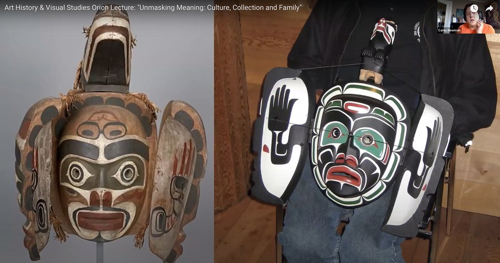 Carey Newman talks about two other versions of the Nulis mask, including one, at left, in the UBC Museum of Anthropology in Vancouver, during a University of Victoria webinar. (screenshot)