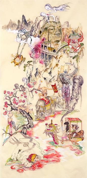Howie Tsui 徐浩恩, “Mount Abundance and the TipToe People #2,” 2010, ink and paint pigment on mulberry paper, 75” x 38” (courtesy the artist, collection of Tad Freese, San Francisco; photo by Justin Wonnacott)