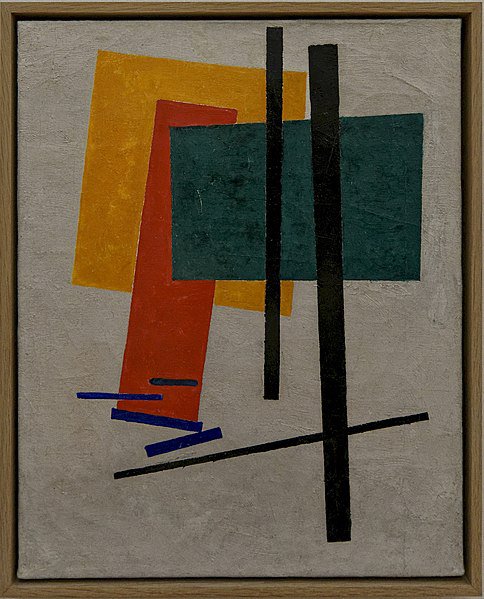 A Kazimir Malevich painting from 1915-16, "Suprematist Composition (with Yellow, Orange and Green Rectangle)" from the collection of the Stedelijk Museum in Amsterdam. (A7675; courtesy Wiki Commons)