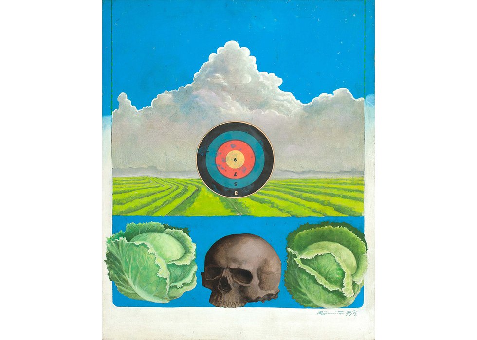 Rudy Treviño, “Lettuce Field with Target and Skull,” 1975