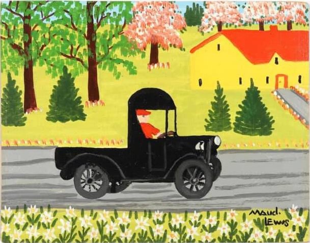 Maud Lewis, "Black Truck," 1967, oil on board, 11" x 13", (courtesy Miller and Miller Auctions)