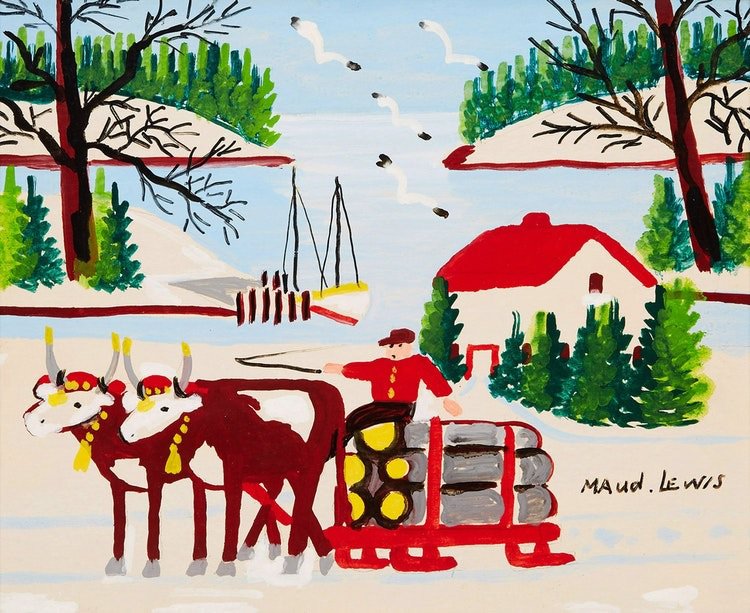 Maud Lewis, "Oxen Hauling Logs in Winter," no date