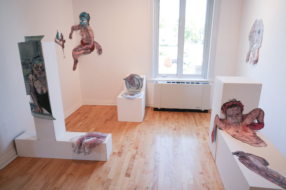 Installation view of Riisa Gundesen's work in “Embodied,” 2022, at La Maison des artistes visuels francophones, Winnipeg (photo by Leif Norman)