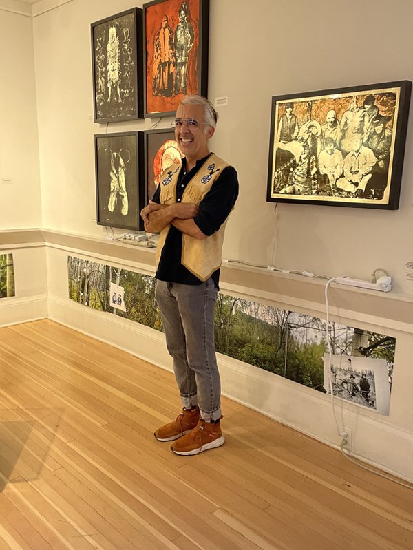 Peter Morin at the opening of “her name is Edzūdzah, Peter Morin and Janell Morin,” at the Smithers Art Gallery, 2022. (photo by Michelle Gazely)