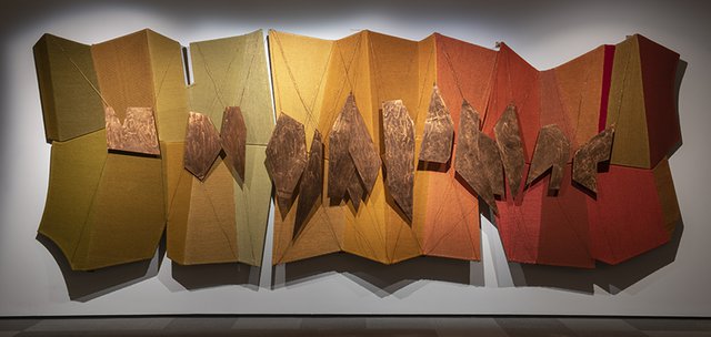 "Prairie Interlace: Weaving, Modernisms and the Expanded Frame, 1960-2000," (installation view), Nickle Galleries. F. Douglas Motter, "This Bright Land," 1976