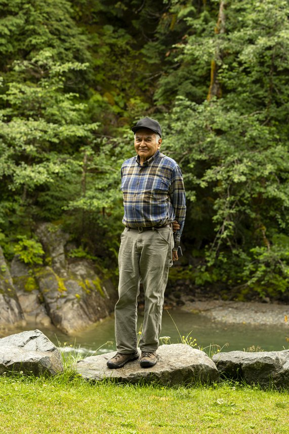 Dempsey Bob at Kleanza Creek, east of Terrace, B.C., in August 2021. (photo by Blaine Campbell, courtesy the McMichael Canadian Art Collection)
