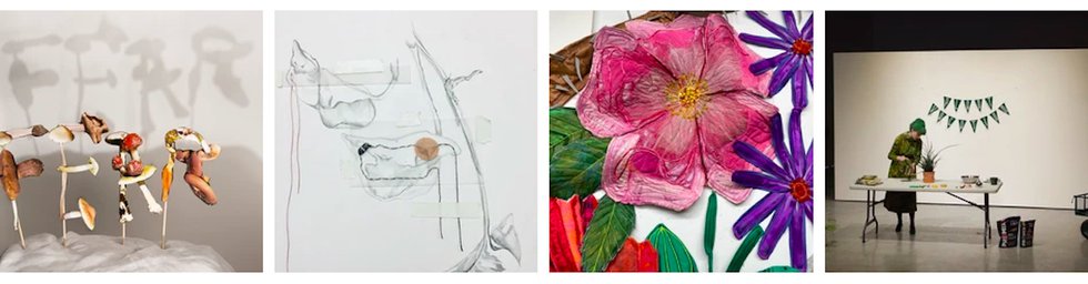 Images (left to right):  Laurel Terlesky, "Tenacity of Hope," 2019; Heather Shillinglaw, "Miyotamon (Prairies) [detail]," 2022; Alyssa Ellis, "Plant Vacation," 2019