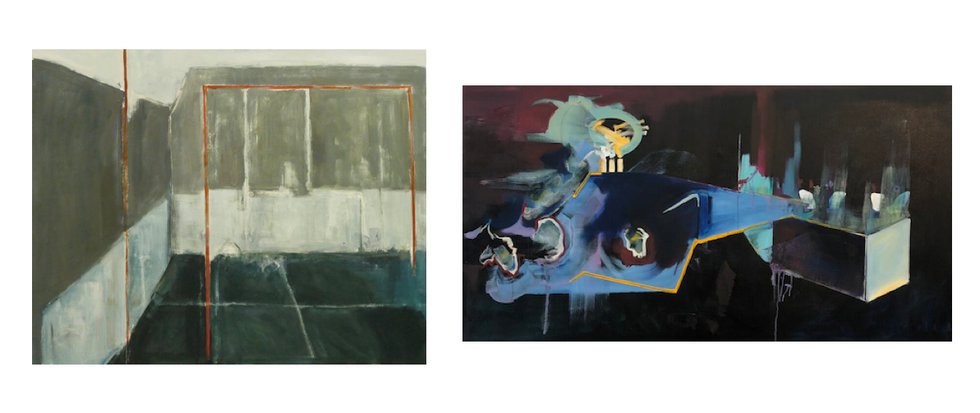 Left: Paddy Lamb, "Whitewash (but the game goes on),"  Right: Claire Lamb, "Smokestacks in the Swimming Pool"