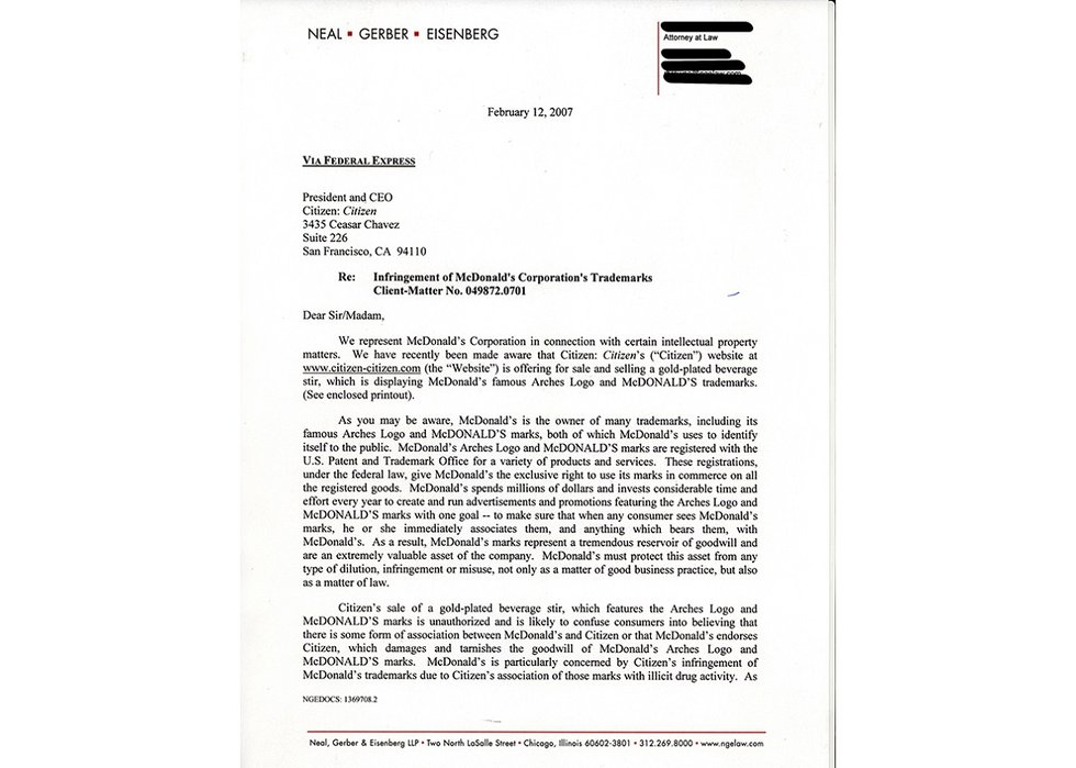 Copy of cease-and-desist letter for use of McDonald’s spoon from February 2007. (courtesy Philip Wood)