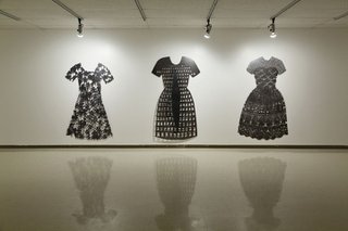 "(l to r) Lace Dress, 1995, plasma-cut, cold-rolled steel. Small Dresses, 1994, plasma-cut cold-rolled steel, Collection of the Canada Council Art Bank. Orchid Dress, 1993, plasma-cut cold-rolled steel"