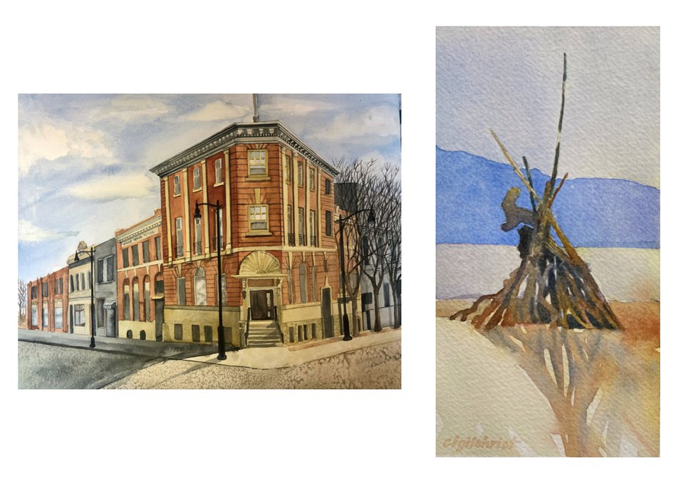 Left: Wendy Meeres, "Lacombe’s Flat Iron Building,"  2022. Right: Carol Lynn Gilchrist, "A Sense of Place,"  2016