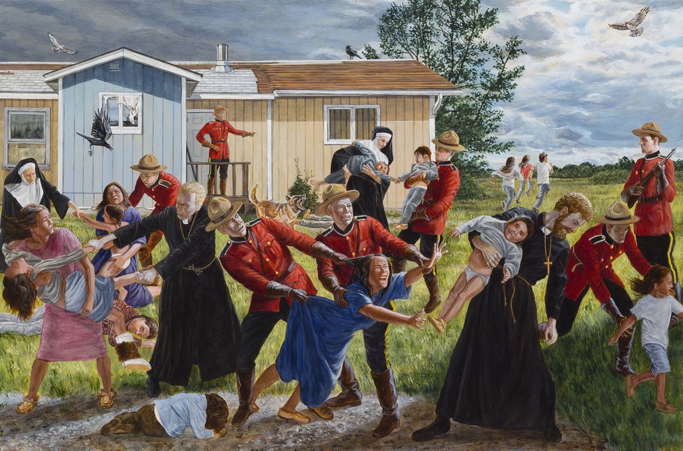 Kent Monkman’s 2017 painting, “Study for The Scream,” which depicts Indigenous children being forcibly taken to residential school