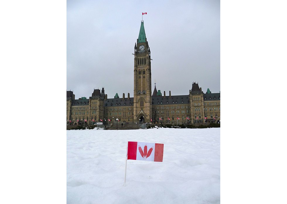 A larger version of the flag planted in the snow in this photo, “Kanata Flag on Parliament Hill,” part of Greg Hill’s ongoing “Kanata Project,” was displayed at Kingston’s Bellevue House for the 2017 show