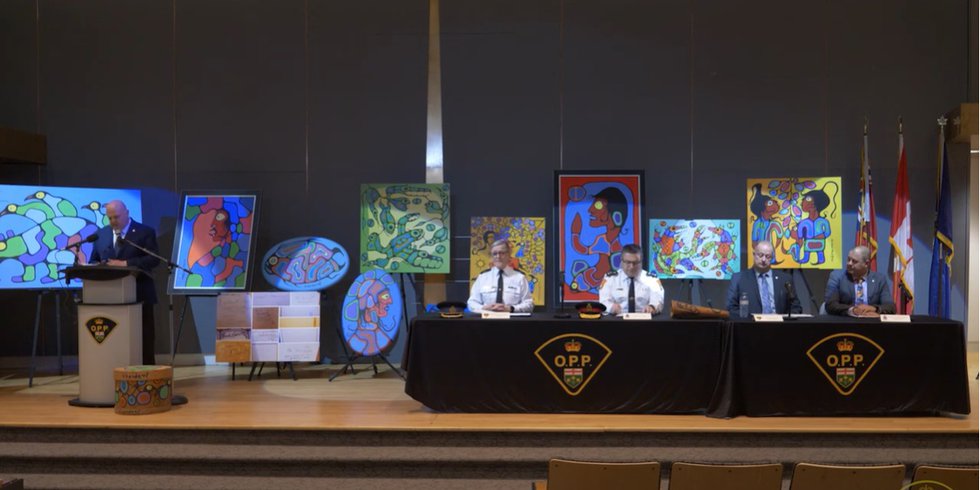 OPP press conference held March 3, showing some of the seized Morrisseau fakes (YouTube)
