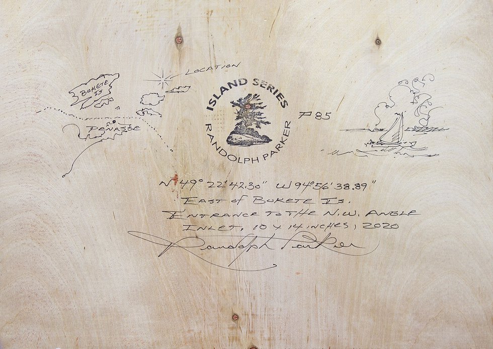 Information, including GPS coordinates, on the back of one of Randolph Parker’s paintings from his “Islands” series. (courtesy the artist)