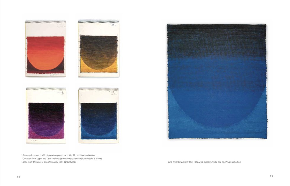 Two pages of “Weaving Modernist Art” show four of Mariette Rousseau-Vermette’s preliminary sketches for works in her series of half circles, along with a finished piece, “Demi-cercle bleu dans le blue,” a 1972 wool tapestry.