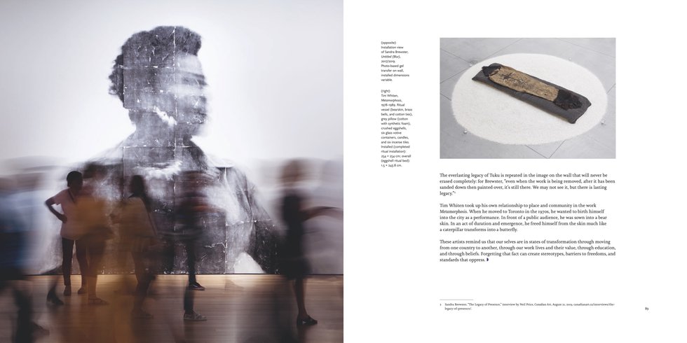 Two pages from “Moving the Museum: Indigenous + Canadian Art at the AGO.” Edited by Wanda Nanibush and Georgiana Uhlyarik, it was published in 2023 by the Art Gallery of Ontario and Goose Lane Editions.