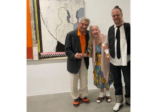 Attila Richard Lukacs with his parents, Helen and Joe, at his 2019 exhibition at the Herringer Kiss Gallery in Calgary. (courtesy Herringer Kiss)