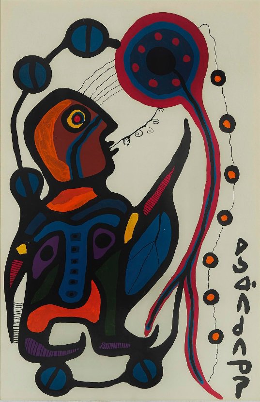 Norval Morrisseau, “Shaman, the Ojibway, receives the Sacred Fire from the 3rd Heaven,” 1973, acrylic on art board, 29.5" x 19" (sold at Waddington’s for $45,600)