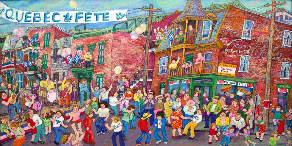 Miyuki Tanobe, “Québec Fête,” 1976, Nihonga on rice paper laid on panel, 24" x 48" (sold at BYDealers for $46,800)